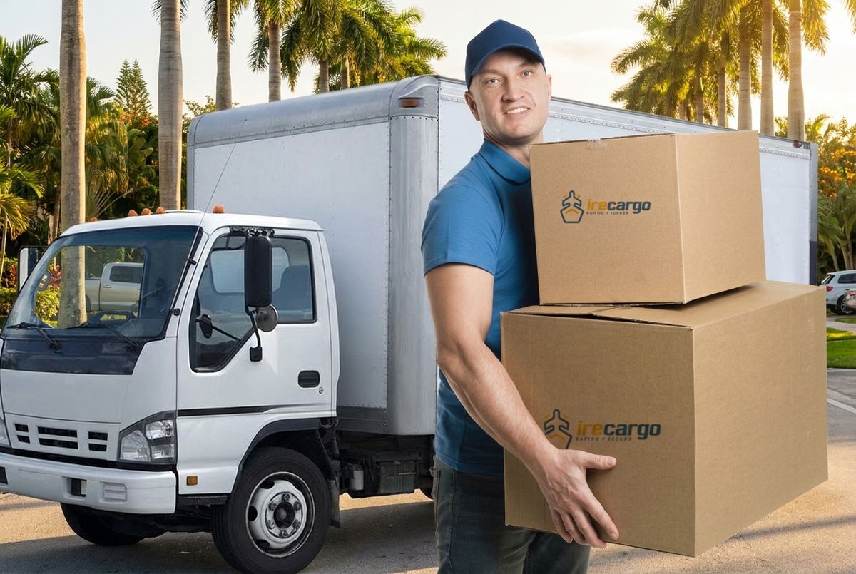 Repartidor de IreCargo con cajas junto al camión