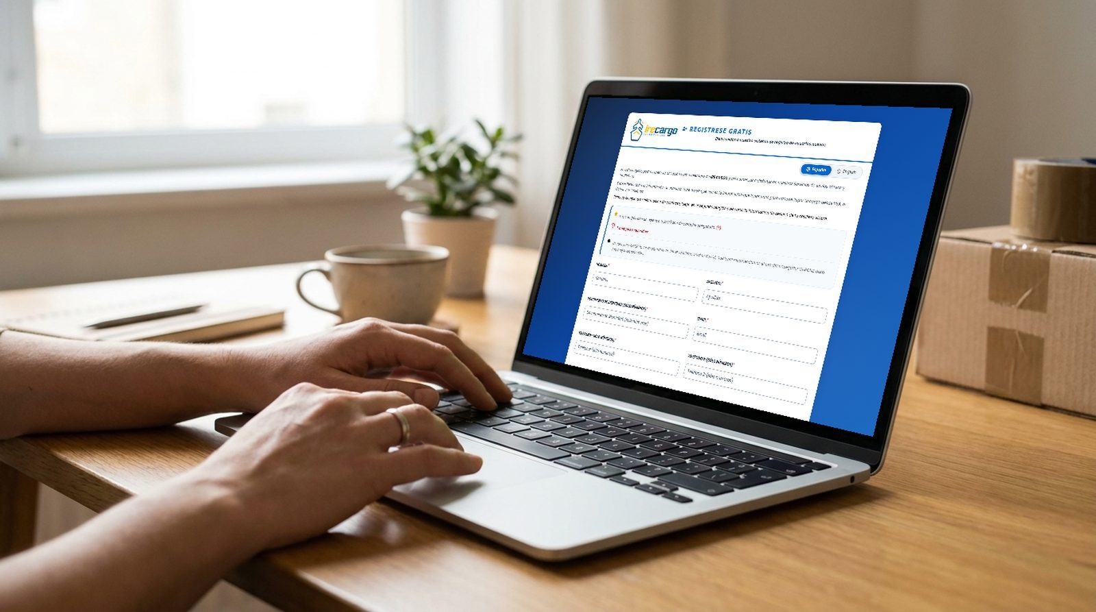 P&aacute;gina de registro de IreCargo abierta en una laptop
